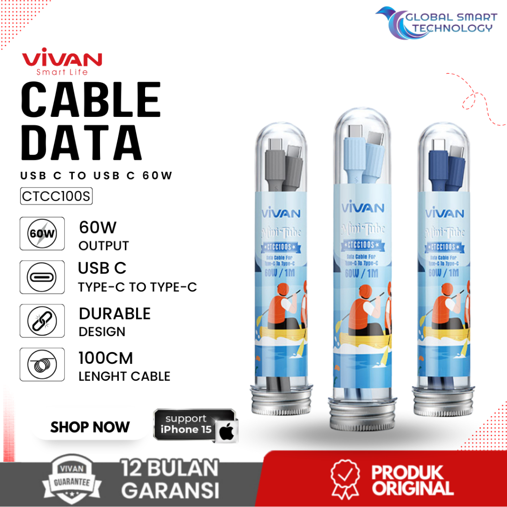 VIVAN CTCC100S Kabel Cable Data Charger USB C To Type C PD 60W 1M Mini Tube Design For Android & Iph