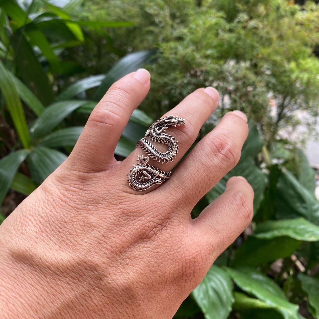 Cincin Naga Panjang S925 / Cincin Lilit Naga resizeable / Cincin Ular Kerangka Naga Chiba / Cincin P