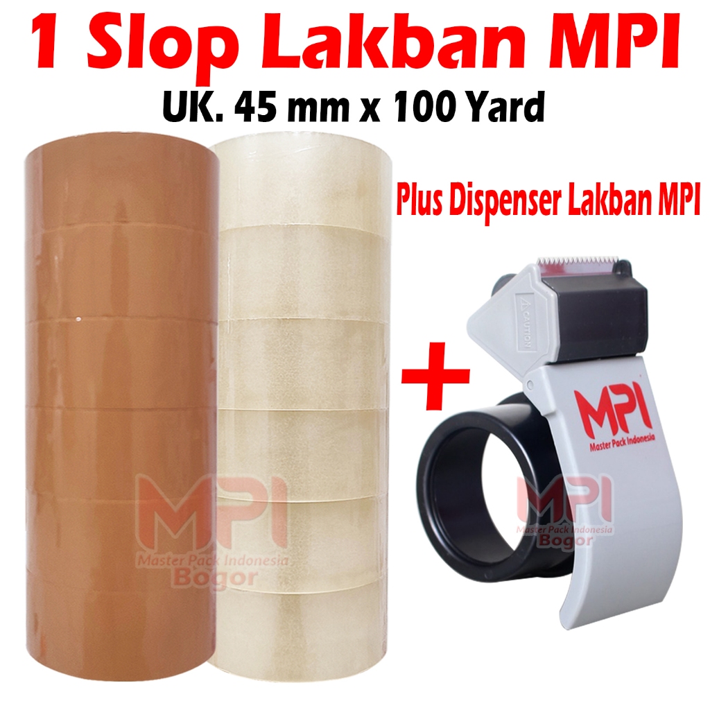 

1 SLOP - Lakban Bening - Lakban Coklat MPI 45 mm x 100 yard BC + Dispenser Lakban MPI - Master Pack Indonesia Bogor