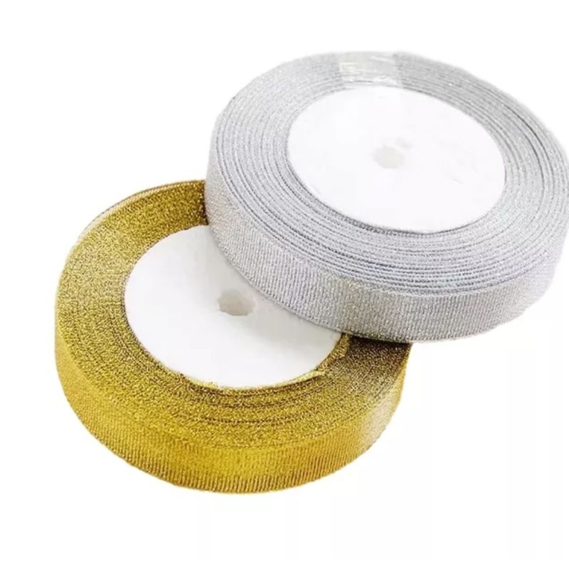 

Pita Glitter 2 cm Per Roll 25 Yard / Pita Glitter 3/4 inchi Gold dan Silver Per Roll 25 Yard Murah