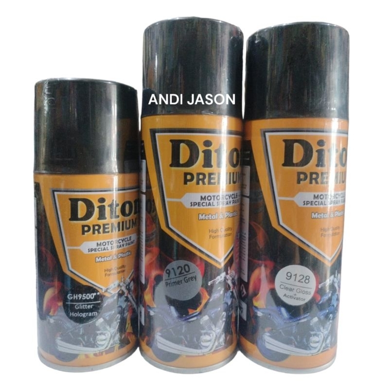 PAKET 3 KALENG DITON PREMIUM 9500 GLITTER HOLOGRAM  / 9120 PRIMER GREY / 9128 CLEAR GLOSS
