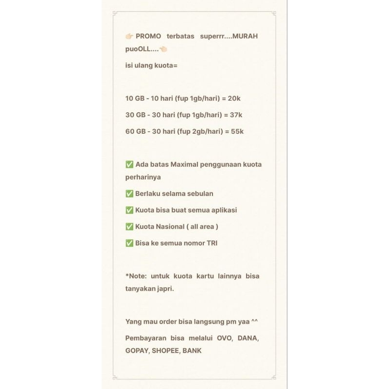 Kuota Tri MURAH BANGETT 10GB/30GB/60GB