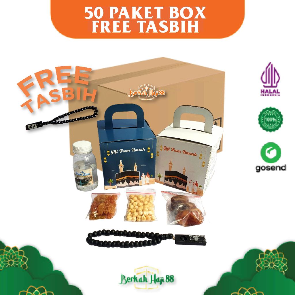 

Paket hemat Oleh Oleh Haji dan Umroh Dus Box GRATIS TASBIH KAYU per 50 pcs