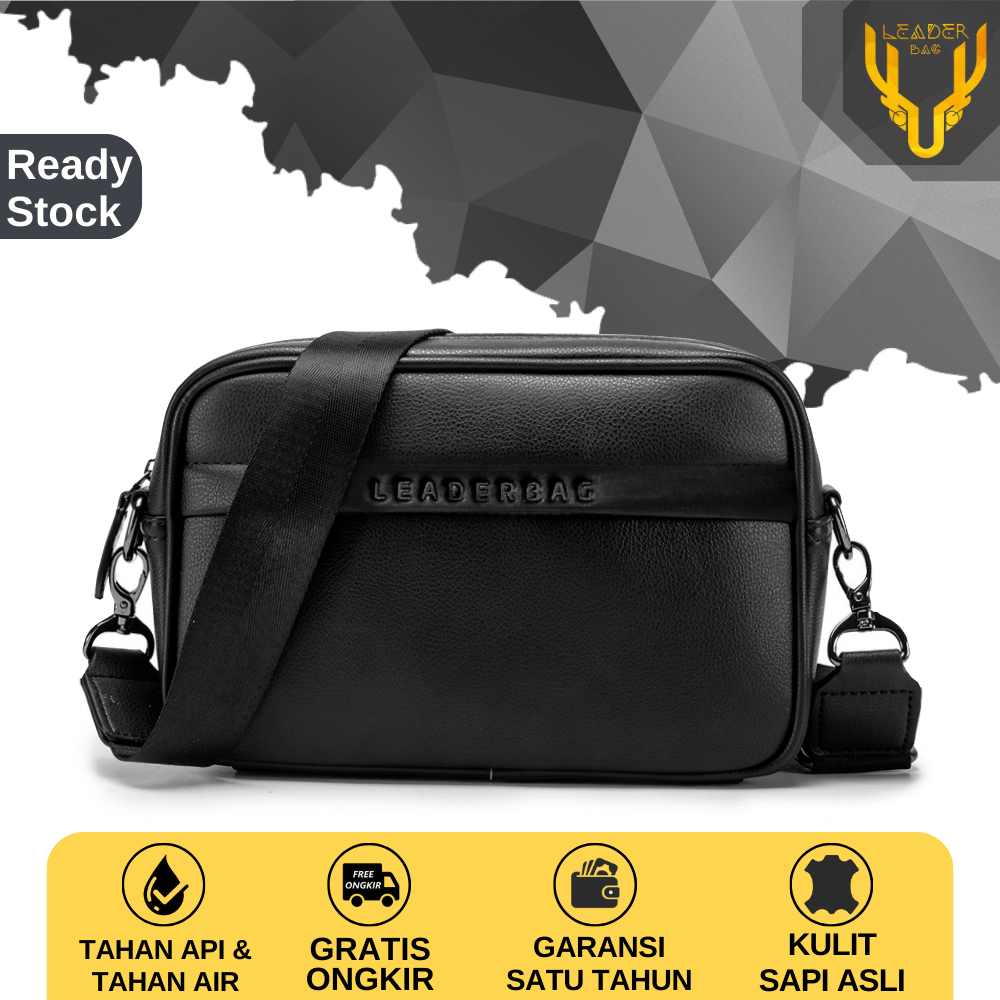 Tas Selempang Pria Kulit Sapi Asli Leaderbag Terbaru Warna Hitam Waterproof Atau Handbag Multifungsi