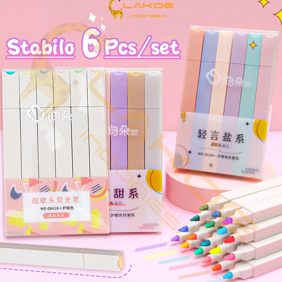 

Grosir Lakoe 6PCS stabillo warna/Stabillo Highliter set/Multicolor pena stabilo/highlighter pastel 6 colors warna
