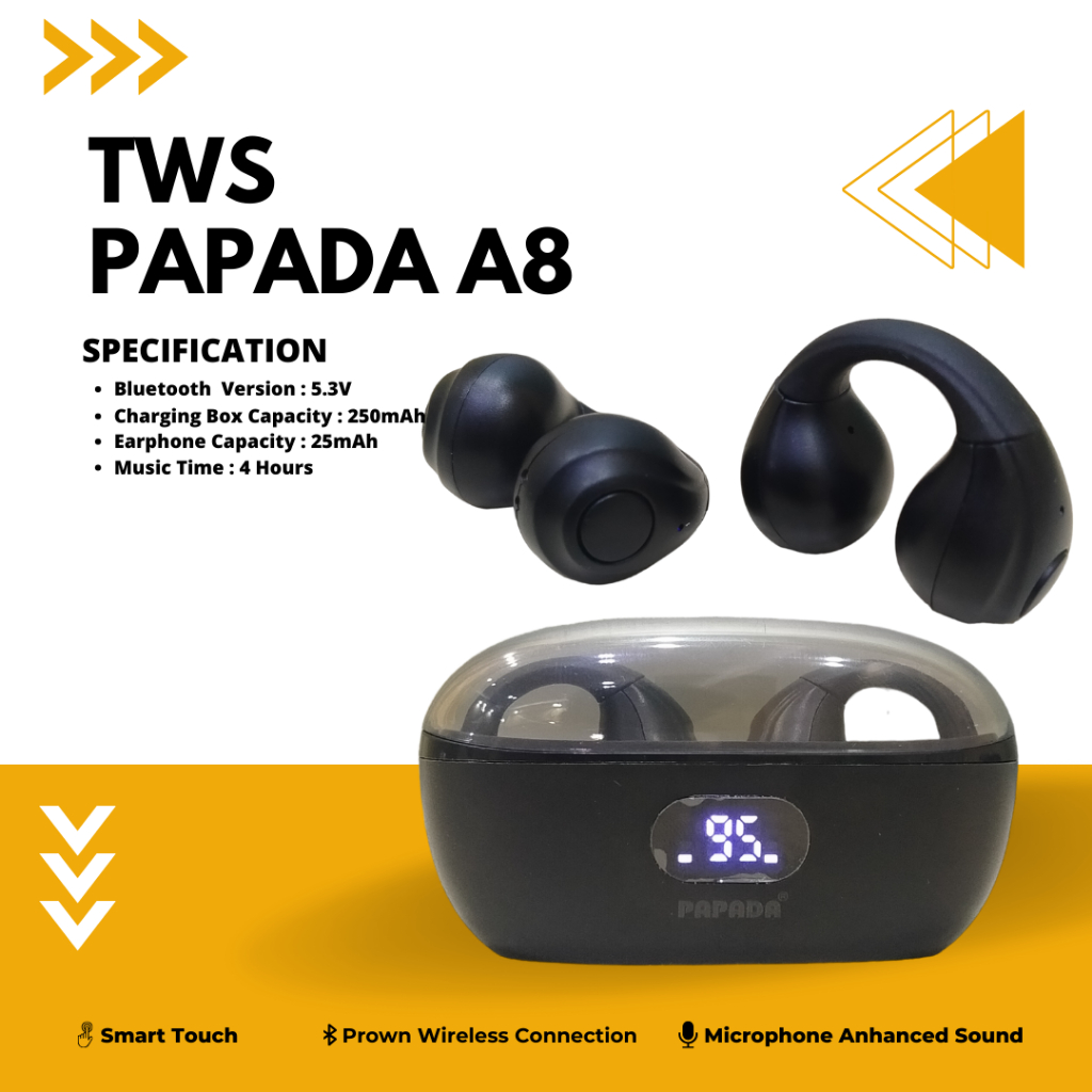 Papada TWS A8 Headset Bluetooth 5.3 Handsfree Bluetooth Dengan Charging Case Wireless Earphone