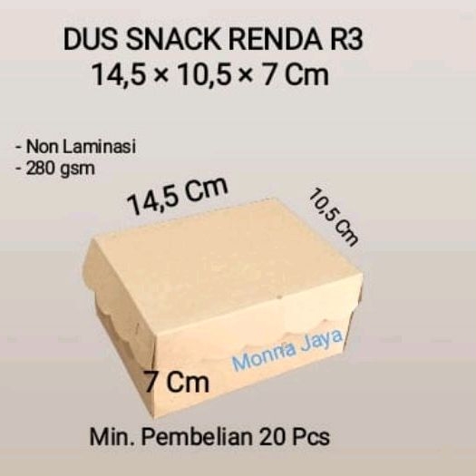 

Dus Snack R3/ Kotak Snack Kue R3 Renda Coklat/ Non Laminasi/ Kraft/ Tebal