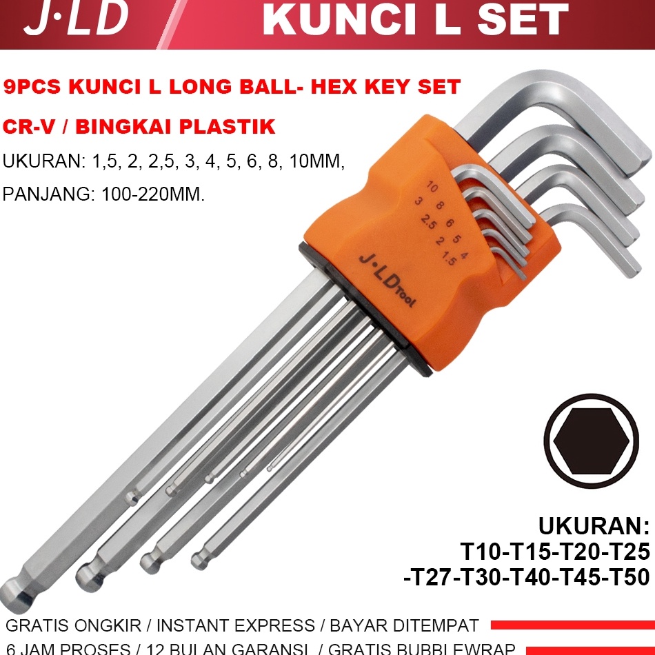 MODEL BMD520 JLD 9pcs Kunci L Long Hex Key Set T10-T50 Kunci L Set KUNCI L BINTANG SET