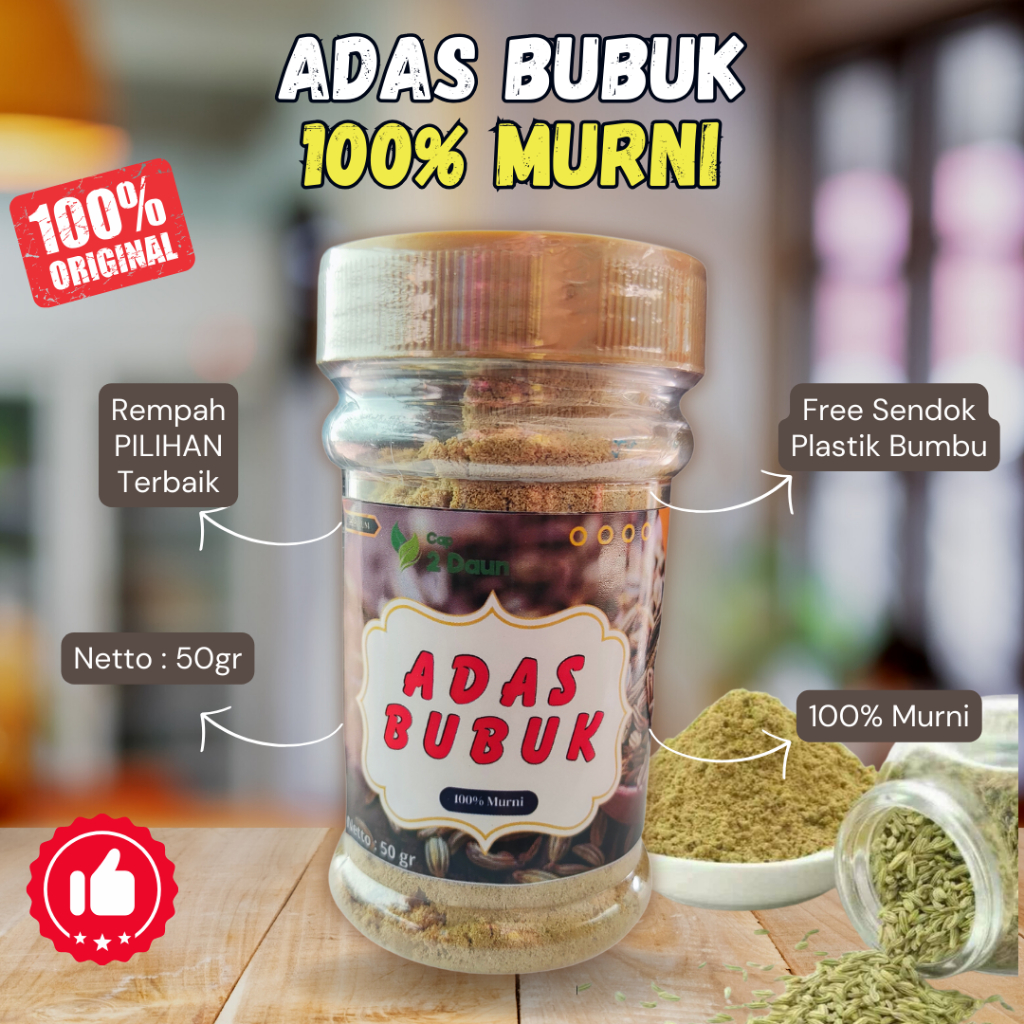 

Adas Bubuk Murni 100% Kemasan Botol 50Gram - Cap 2 Daun