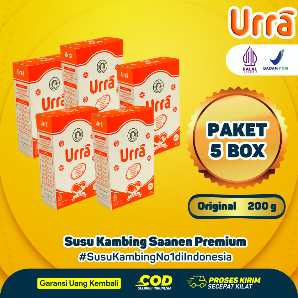 

[ PAKET 5 BOX ] SUSU URRA - Susu Kambing Saanen Bubuk Premium - Anti Prengus Sumber Protein Tinggi Nutrisi dan Kalsium - 200gr Halal BPOM