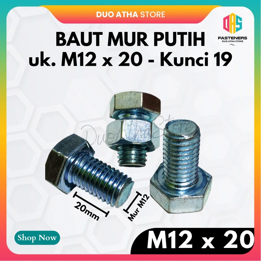BMP M12x20 Baut Mur Putih M12 x 20 Galvanis