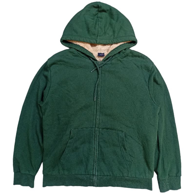 Preloved Hoodie Zipper Sherpa Hijau Botol Brand Polham Pria Wanita Size L - XL