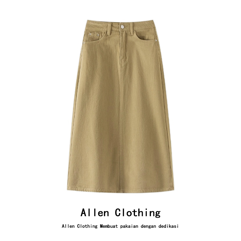 Allen Clothing Rok Denim Celah A-line Gaya Jalanan Khaki Rok Panjang Menengah Pinggang Tinggi Wanita Impor Korea