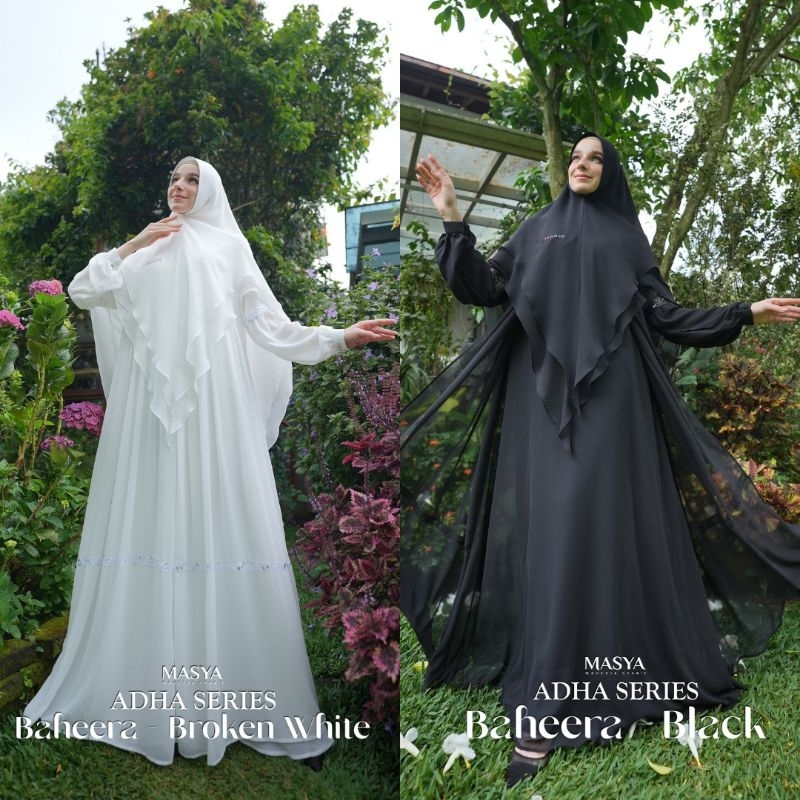 Set Gamis Dress Ceruty Babydoll Premium Syari Branded Broken White - Black - Putih - Hitam Mewah Mas