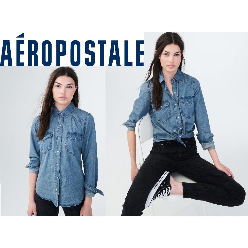 AEROPOSTALE Kemeja Wanita Lengan Panjang Long Sleeve Chambray Western Woven Shirt Model Jeans