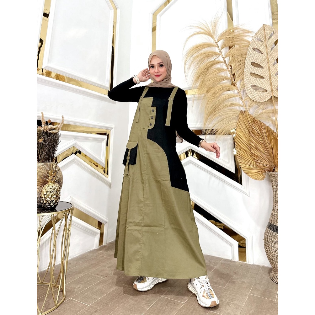 **DSQ Jinny Overall Cargo Jumpsuit Wanita Terbaru Bahan Katun Import Panjang Maxi Dress Muslim Kekin