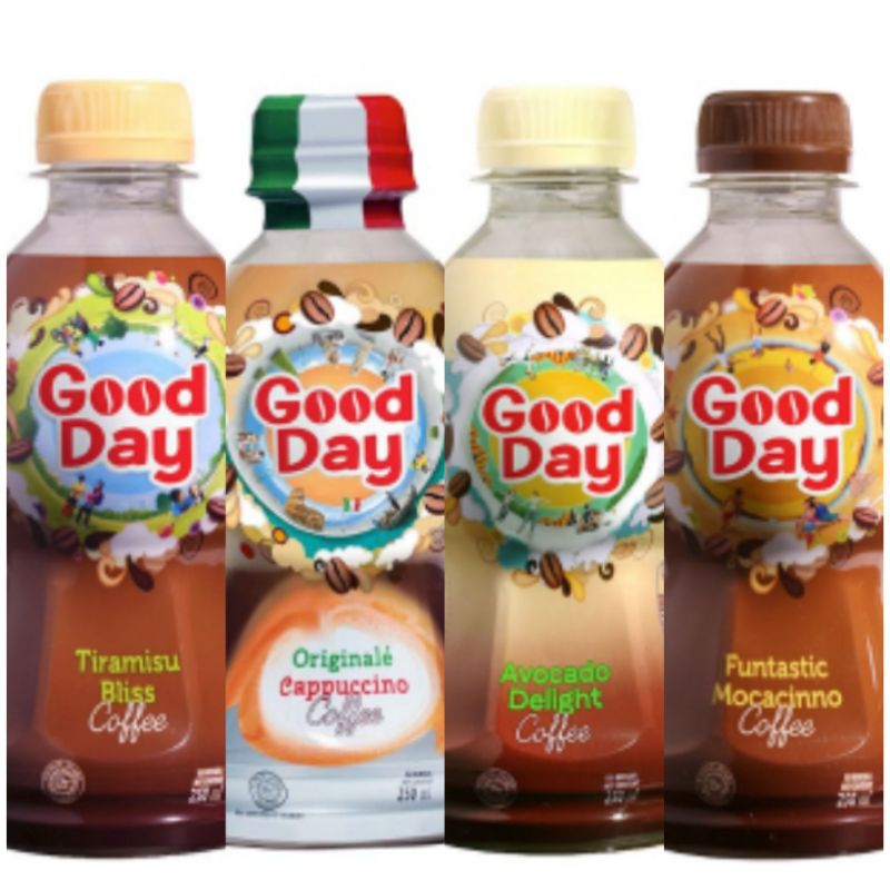 

GOOD DAY MINUMAN KOPI 250ML / GOOD DAY ORIGINALE CAPPUCCINO / GOOD DAY AVOCADO DELIGHT / GOOD DAY FUNTASTIC MOCACINNO / GOOD DAY TIRAMISU BLISS / GOOD DAY GROOVY COOKIES