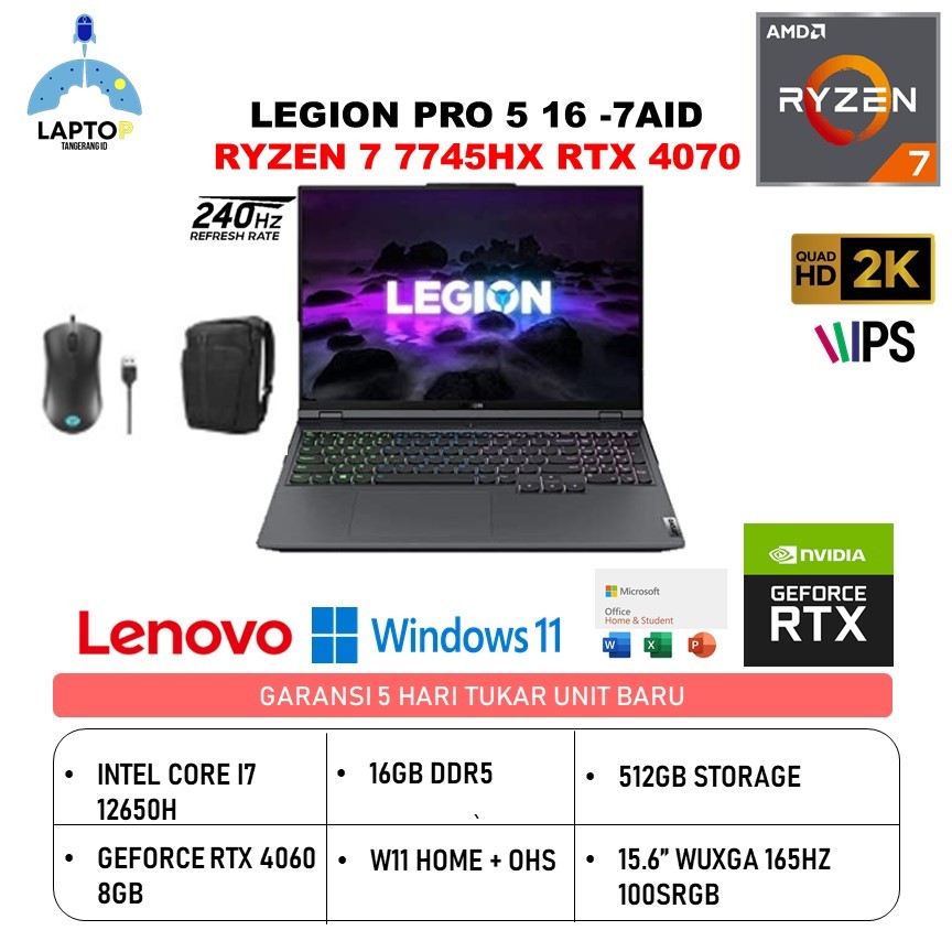 Laptop Lenovo Legion Pro 5 16 Ryzen 7 7745HX RTX 4070 8gb Ram 16gb 1tb W11+OHS 16.0" WQXGA 240Hz -7AID