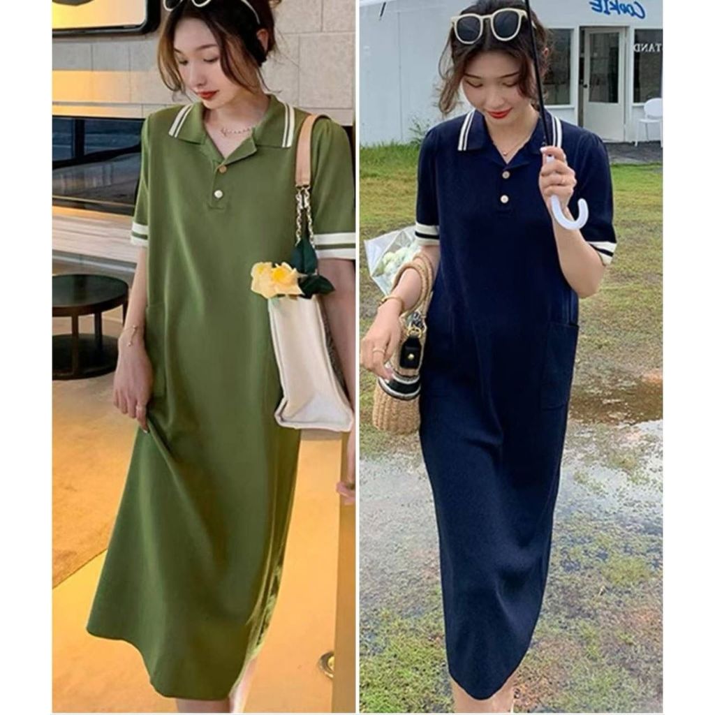 DRESS RAJUT PANJANG VARIASI LIST GARIS PINGGIR TWIN BUTTON KERAH V NECK TANGAN PENDEK PREMIUM WANITA