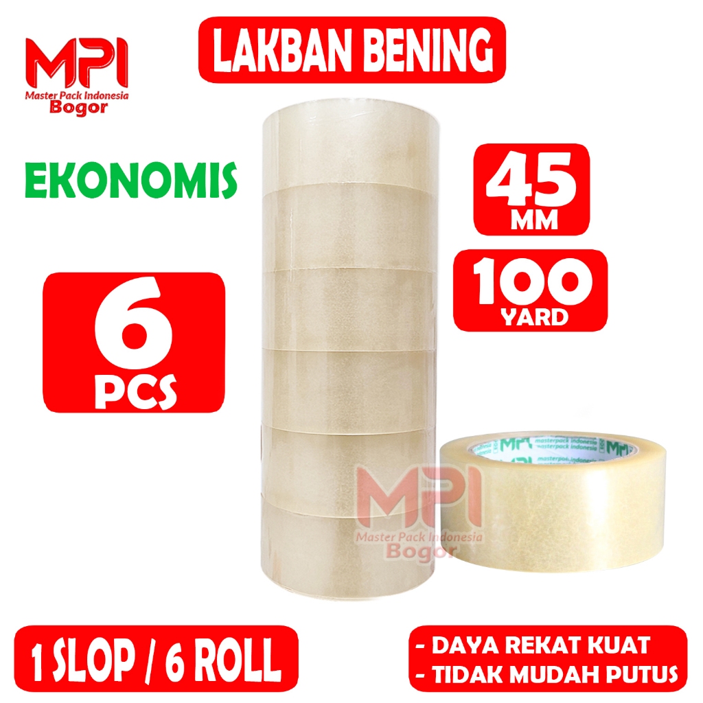 

ATK9 6 PCS - Lakban Bening Ekonomis 45 mm x 100 Yard / Lakban Packing - Master Pack Indonesia