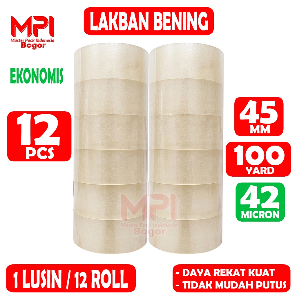 

1 LUSIN [ 12 ROLL ] Lakban Bening Ekonomis 45 mm x 100 Yard / Lakban Packing Paket - Master Pack Indonesia Bogor
