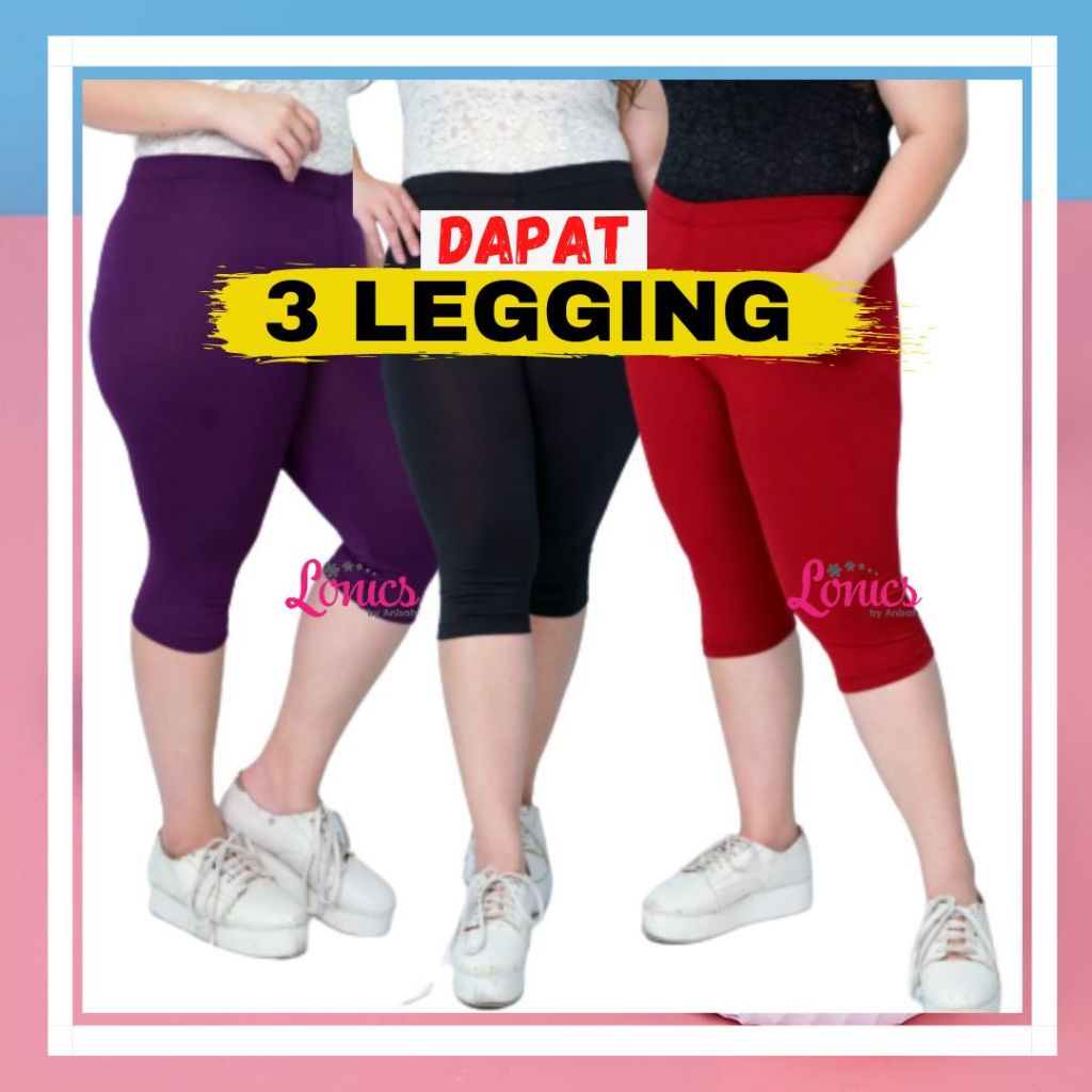 Isi 3 Legging Pendek 7/8 Wanita Dewasa Bahan Spandex Jersey Licin Elastis Polos Standart Bigsize Sup