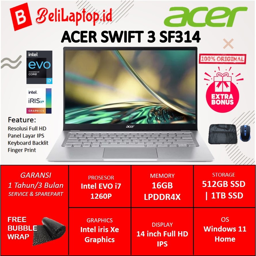 Laptop kerja acer swift 3 intel evo i7 1260P 1tb 14 inch full hd ips