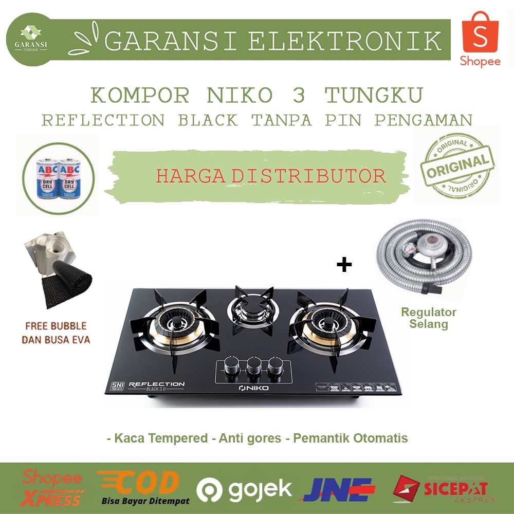 NIKO KOMPOR TANAM GAS KACA REFLECTION BLACK 3.0 SERIES 3 TUNGKU DENGAN PEMANTIK ELEKTRIK API BIRU TO