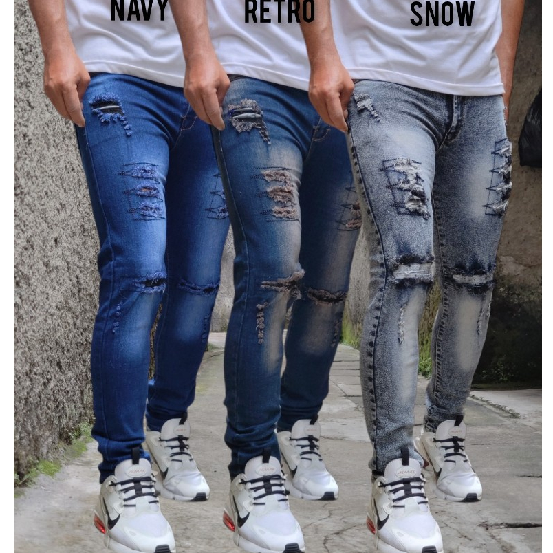 Celana Jeans Sobek Strech Premium - Celana Pria Jeans Sobek Petir Original Best Seller