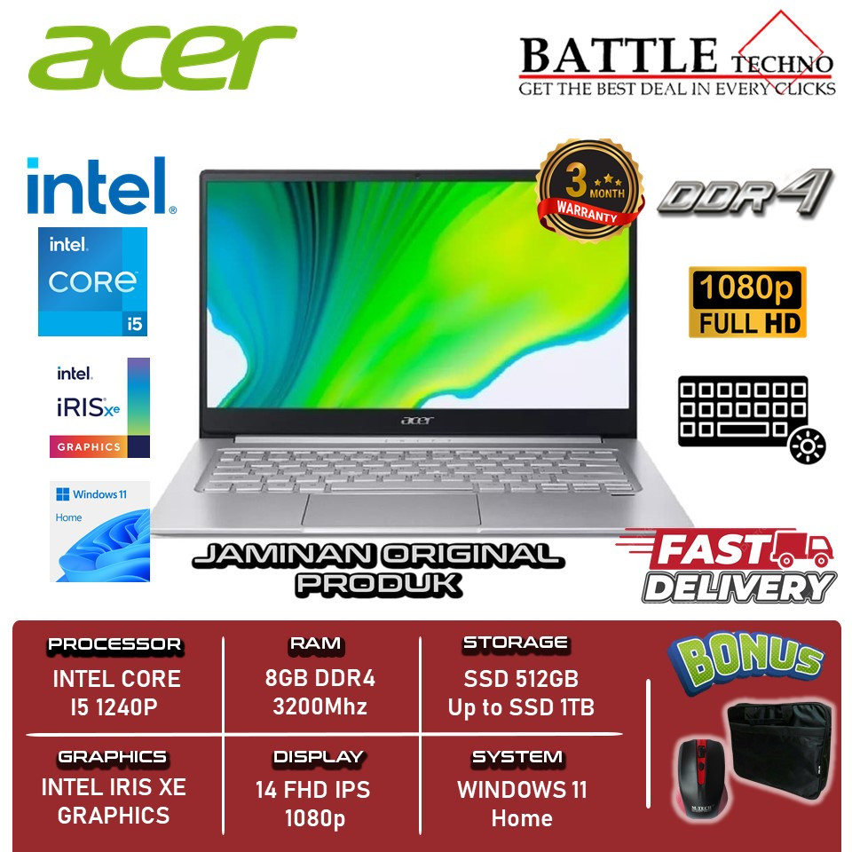 Laptop Murah Acer Swift 3 SF314 Intel i5 1240P 8GB 1TB SSD 14 Inch FHD IPS  BL FP Windows 11 Home Silver