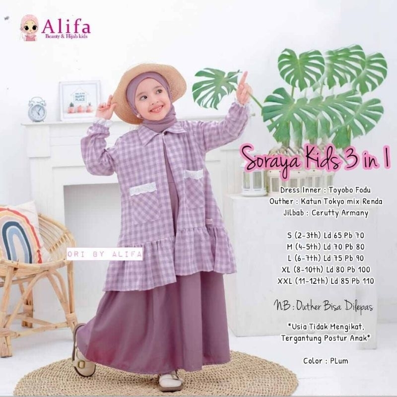 GAMIS SET 3 IN 1 DRESS ANAK BAHAN KATUN MIX JERSEY MOTIF KOTAK LEBARAN 2025 OUTER PASHMINA INSTAN