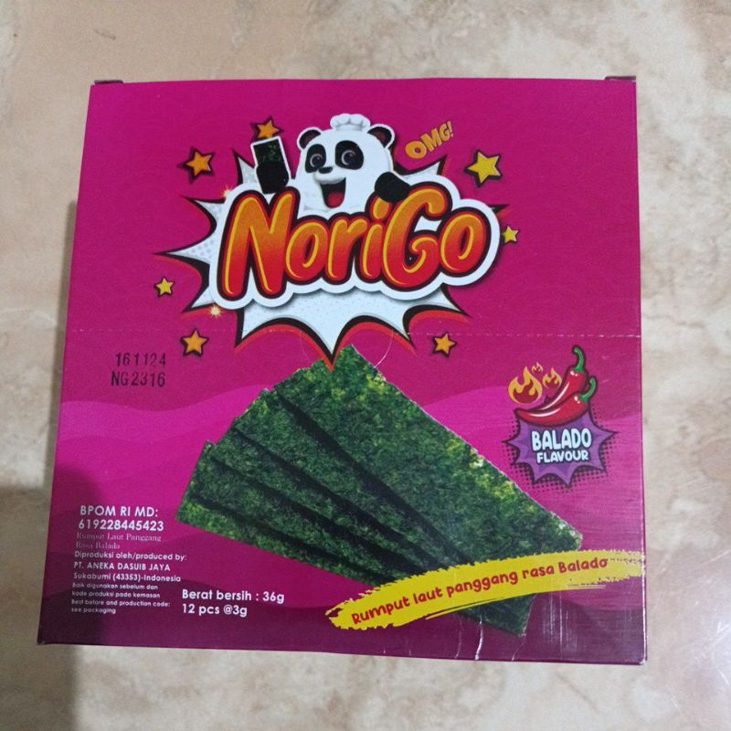 

Norigo rumput laut panggang rasa balado 1 box isi 12 sachet@3gr boleh mix