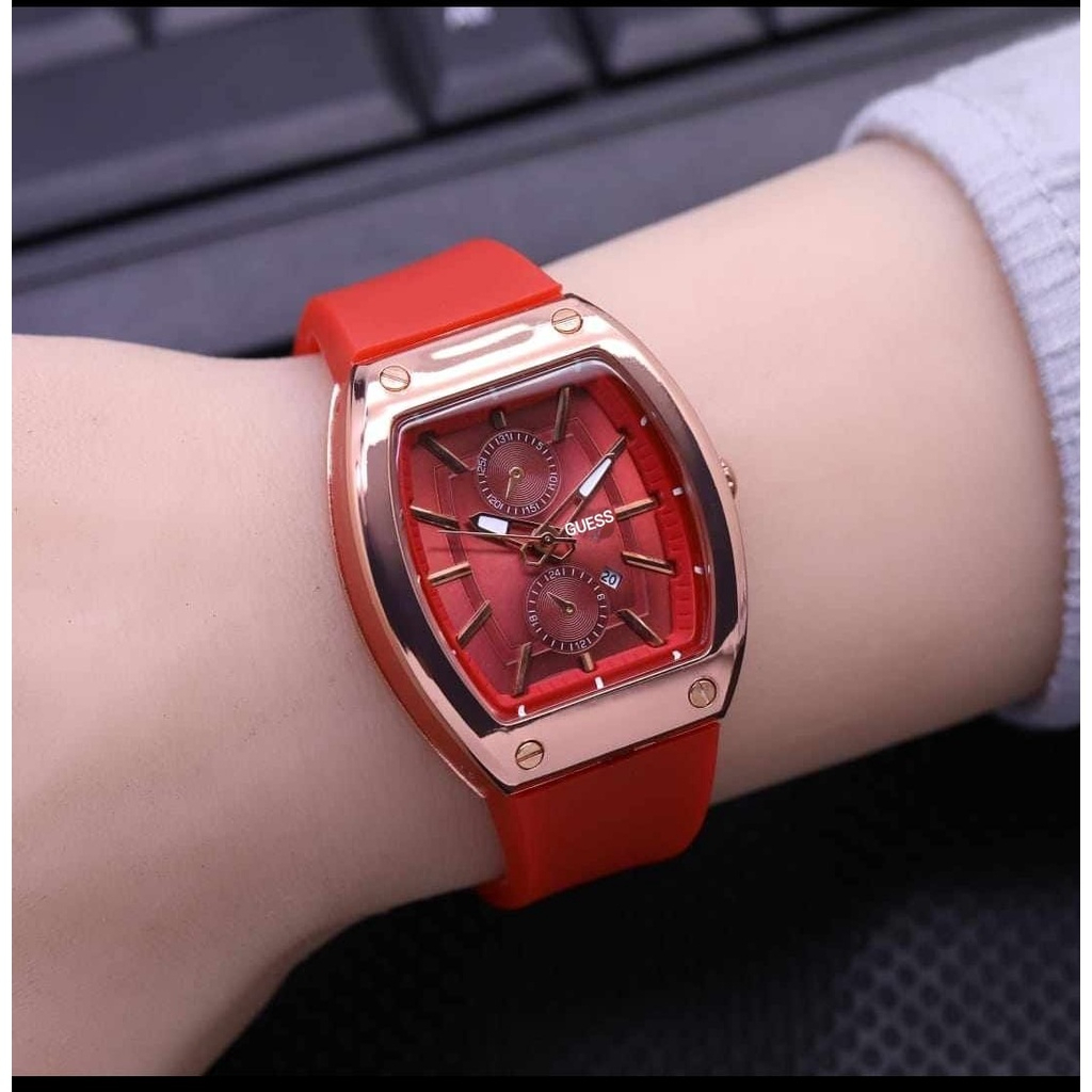 Jam Tangan Wanita Fashion Gues oval Crono Variasi Tanggal aktif Strap Rubber/Karet(Dikirim Jakarta C