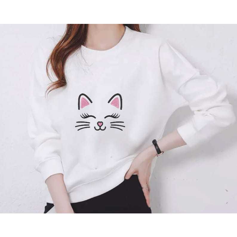 KAOS WANITA DEWASA LENGAN PANJANG MOTIF KUCING SEMYUM