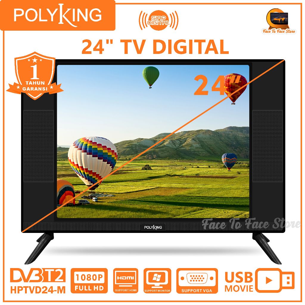 TV Digital 24 inch-M.TV Tanpa Set Top Box.TV Monitor.Polyking.DVB-T2.FHD.Garansi Resmi.TV murah.TV P