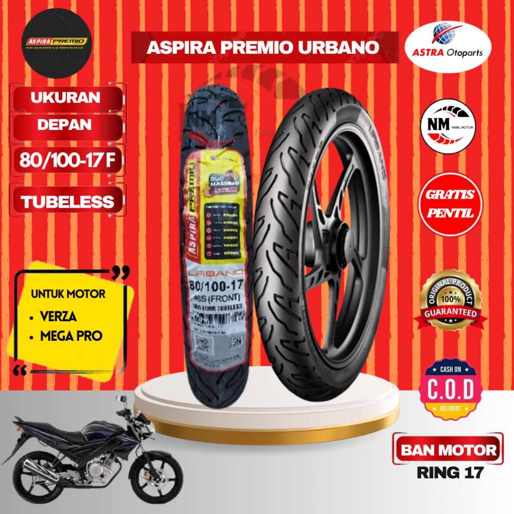 Ban Motor Aspira Urbano 80/100-17 Front Bonus Pentil verza ring 17 TL