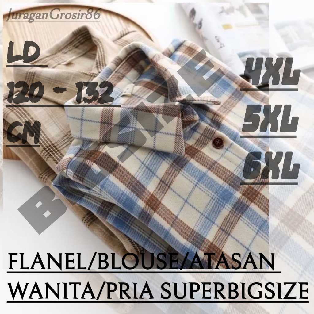 Kemeja Flanel Oversize 4XL 5XL 6XL Super Jumbo Bigsize Lengan Panjang Wanita dan Pria Kemeja Kotak-K