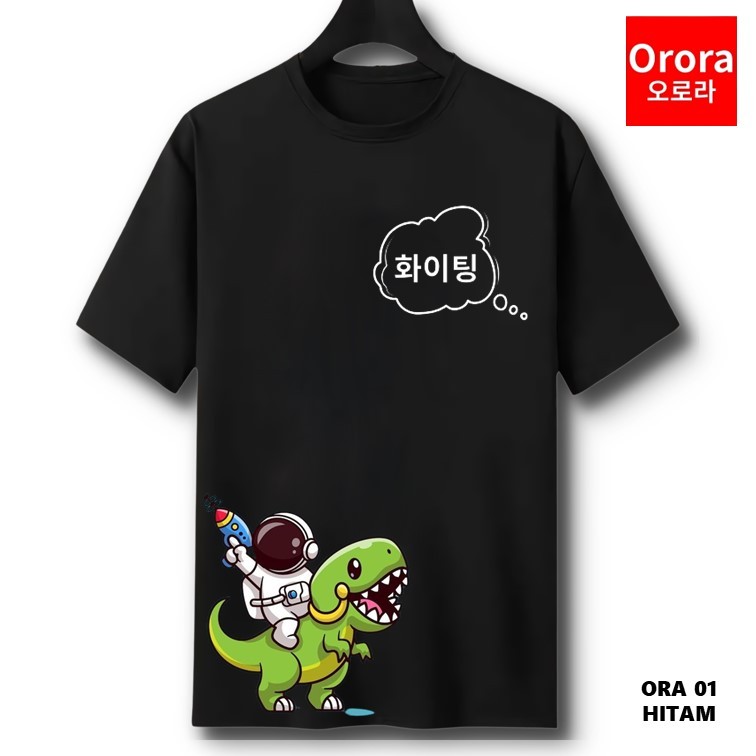 Orora Kaos Distro Premium Astronot Dino Korea Style - Baju Atasan Sablon Pria Wanita Warna Hitam Putih Ukuran S M L XL XXL XXXL Original ORA 01