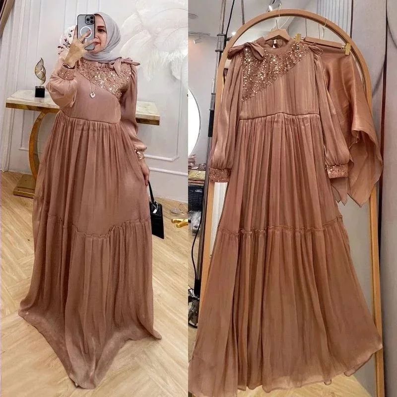 Meydina Dress Gamis Muslim Wanita Bahan Shimmer Aplikasi Tile Manik - Manik Casual Dress Wanita Kekinian GOM