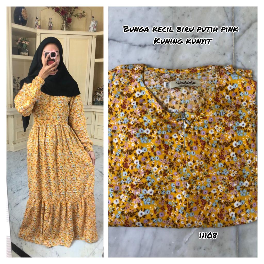 GAMIS RAYON MOTIF BUNGA KECIL BIRU PUTIH PINK (KUNING KUNYIT)