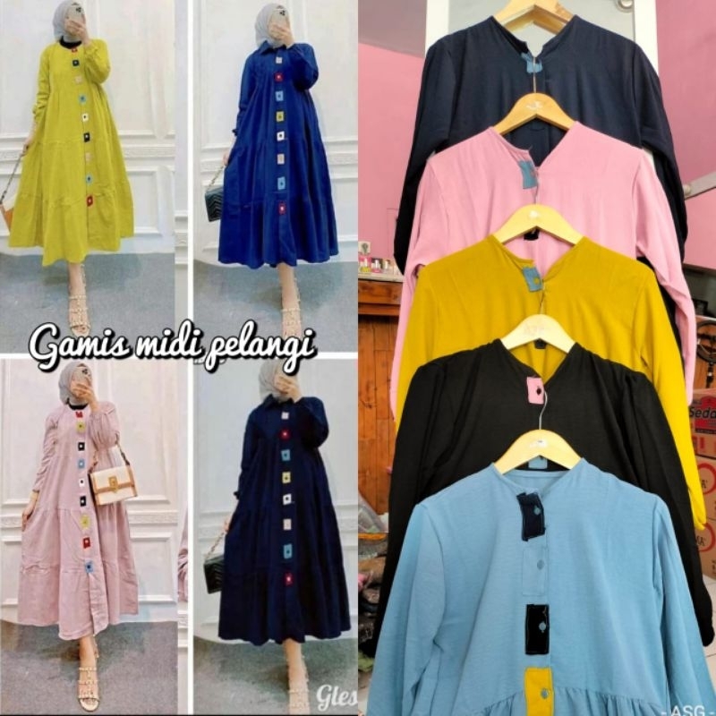 GAMIS MIDI KANCING PELANGI CRINGKLE AIRFLOW PREMIUM