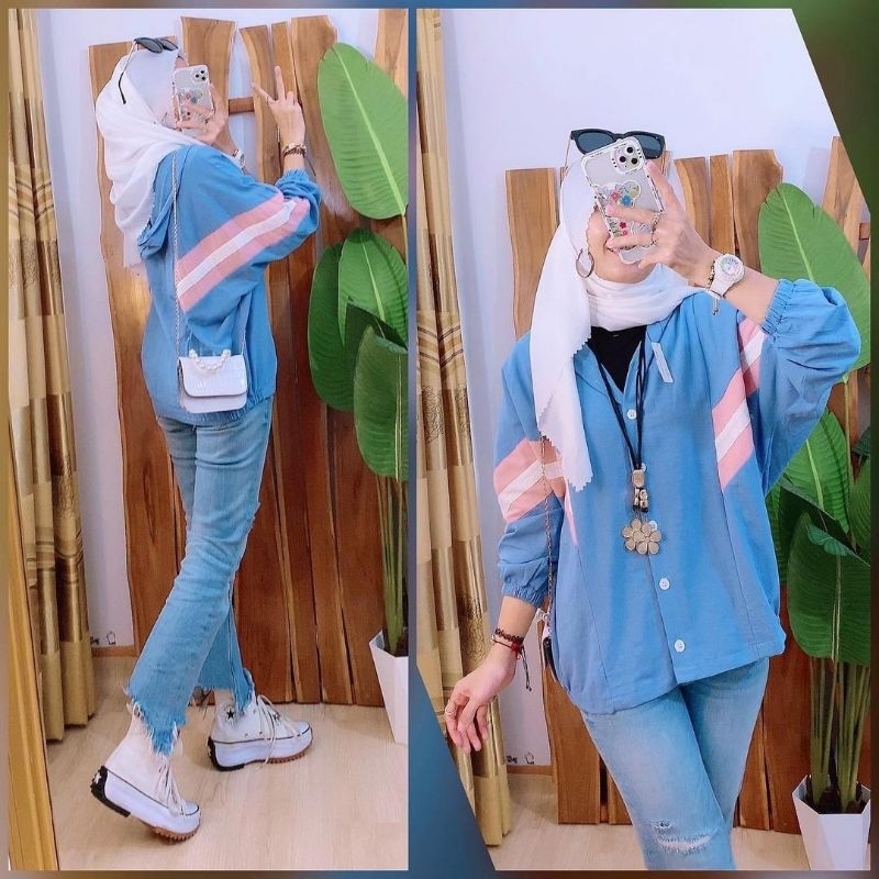 Best Seller outer Batwing Sporty Hoodie warna putih biru white pink outer cewe Linen premium new