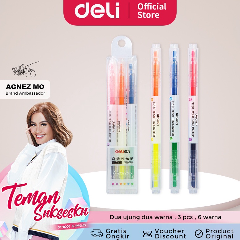 

EE88 Deli highlighter ujung 2 warna 3pcs/pak 6 warna S736 96