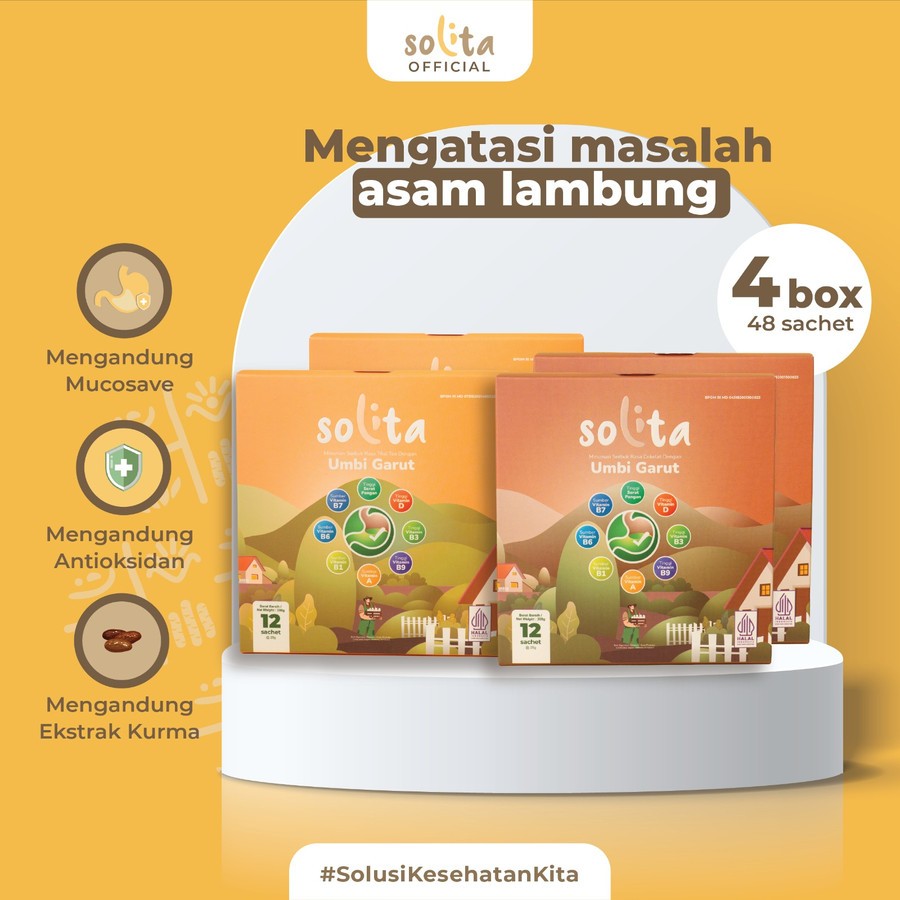 

SOLITA Minuman Serbuk Umbi Garut Solusi Untuk Atasi Asam Lambung, Maag dan GERD - (4 Box isi 48 sachet)