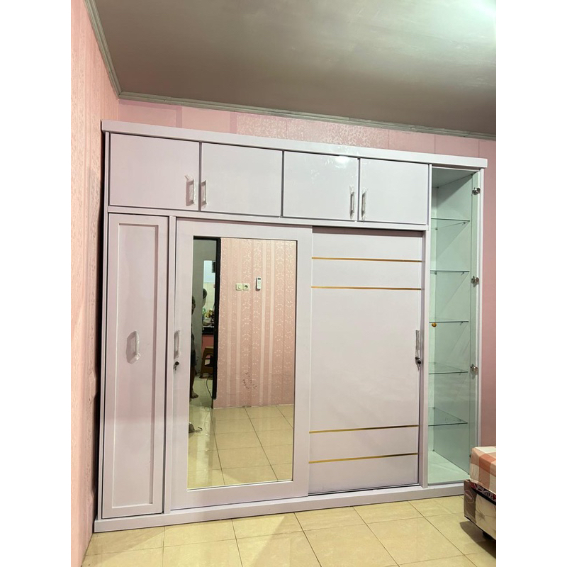 Lemari Pakaian HPL Jumbo Sliding Extra Rak Kaca & Hijab