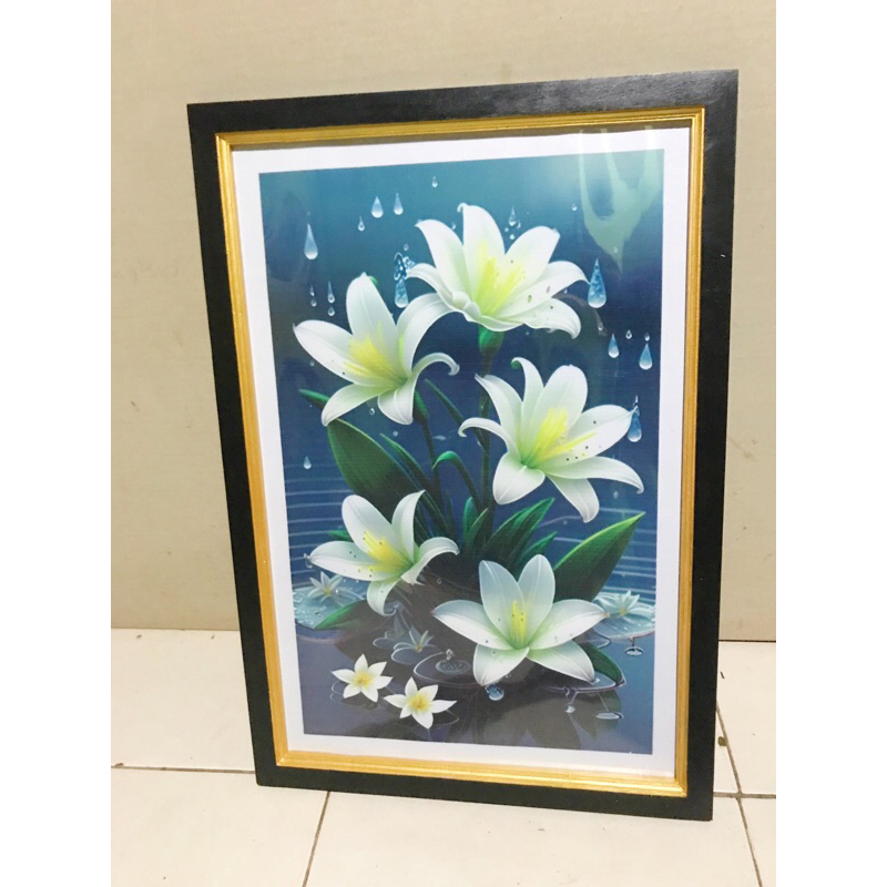 gambar lukisan bunga teratai Putih 5 plus bingkai