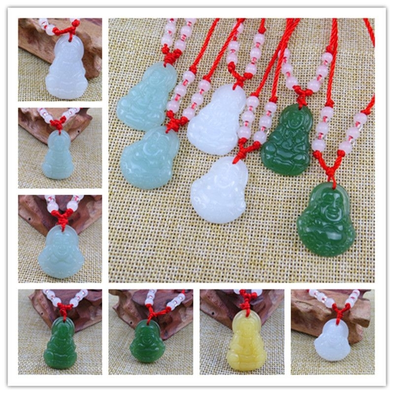 Kalung giok Tali merah unisex/Alami Multiwarna Jade Donat Kancing Bunga Buddha Dewi Liontin / Kalung