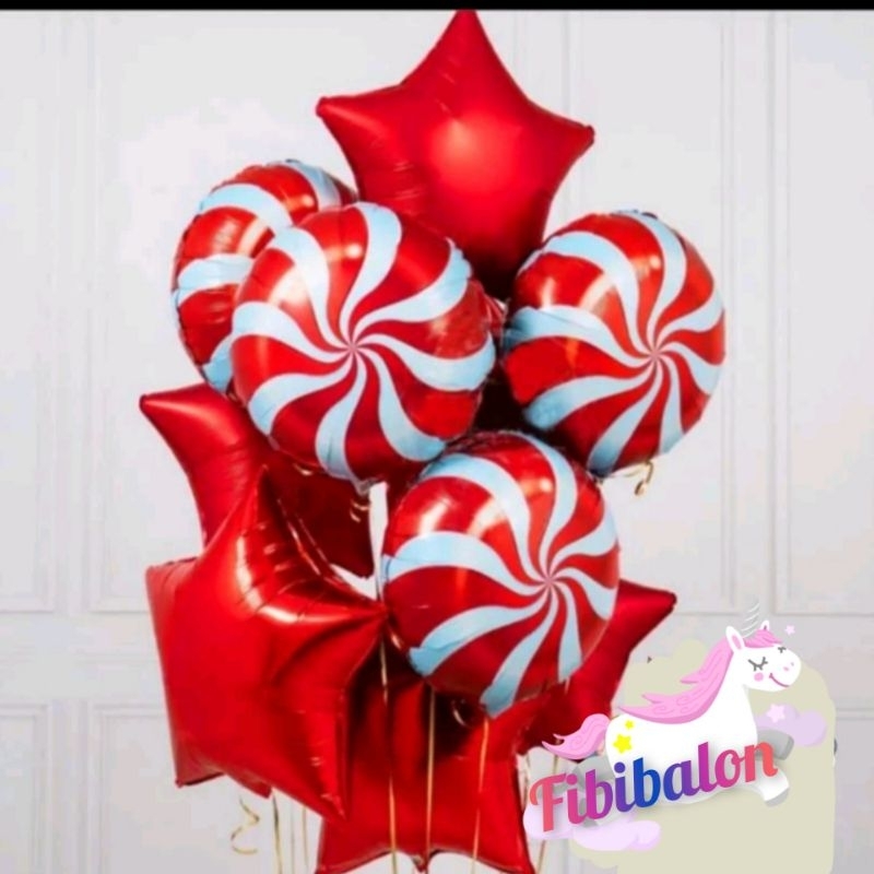 Balon Buket Foil Lolipop/Candy Christmas/Decorasi Red Star/Hiasan Natal
