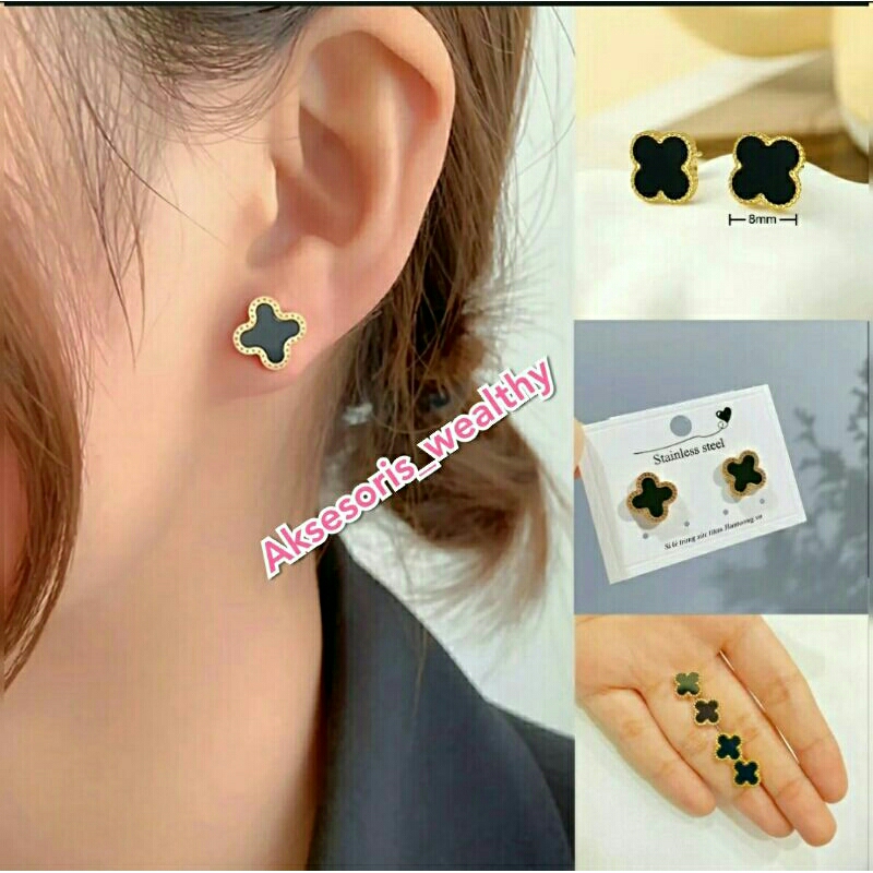 Anting clover Titanium ASLI mutiara hitam anti karat anti alergi / anting Korea / anting tusuk