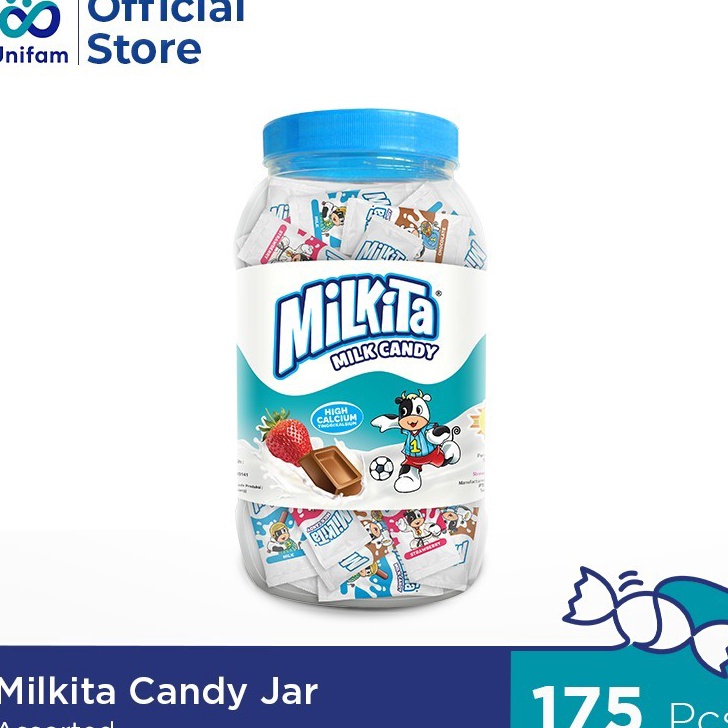 

KODE GRG126 Milkita Candy Jar Assorted Festive (1 Toples Isi 175pcs) - Toples Permen Milkita Rasa Susu, Cokelat & Stroberi